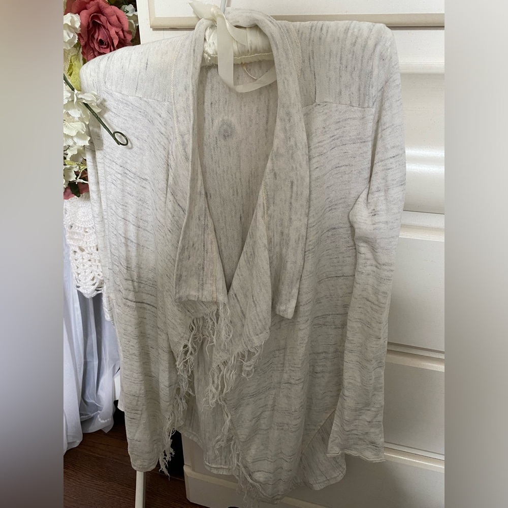 FREE PEOPLE Cream Heather Knit Open Cardigan with Fringe Trim